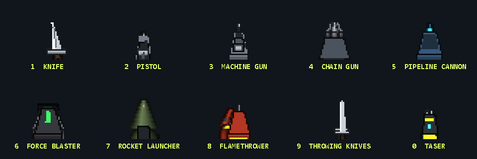 The ten weapons as the player holds them: knife, pistol, machine gun, chain gun, Pipeline Cannon, Force Blaster, rocket launcher, flamethrower, throwing knives and taser